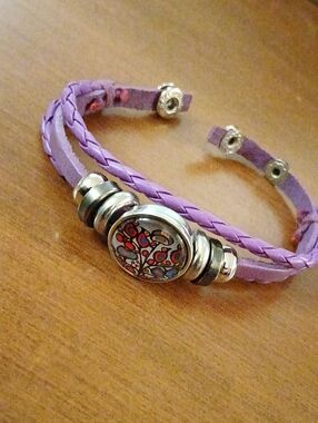 Lavender Braided Leather Tree of Life Snap Bracelet